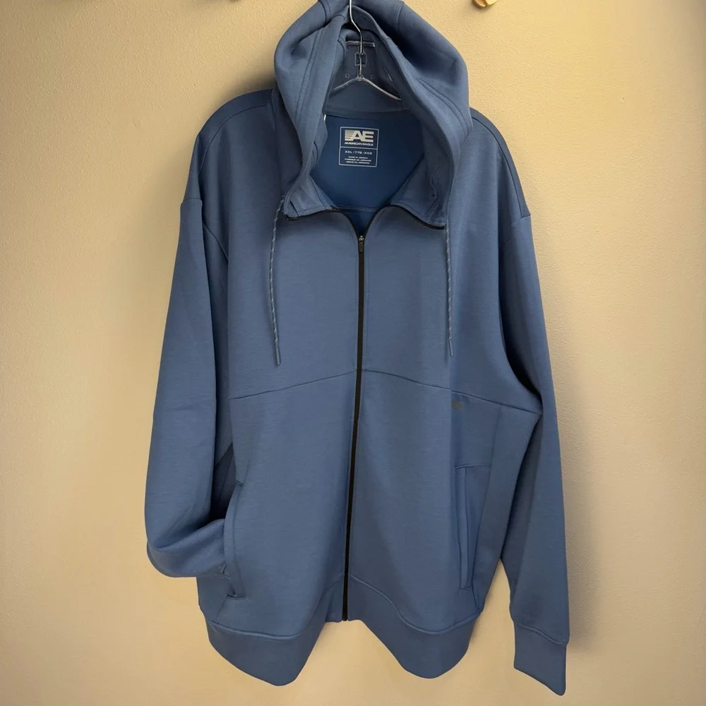 American Eagle Men's 24/7 Full Zip Hooded Jacket Tidal Blue Gray XXL NWT